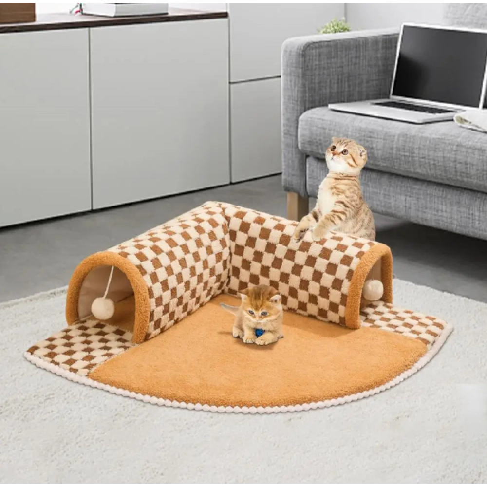Washable Cat Tunnel Bed 2 in 1 Fun Plush Cat Tunnel Bed Plush Pet Bed with Suspension Balls Cat Hiding House Enclosed Cat Mat