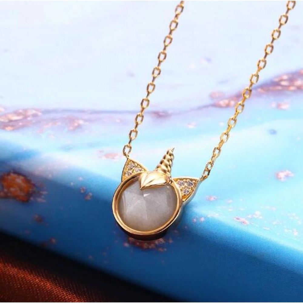 LAMOON Unicorn Necklace Natural Moonstone Necklaces For Women Gemstone Pendant 925 Sterling Silver Chain K Gold Plated NI163
