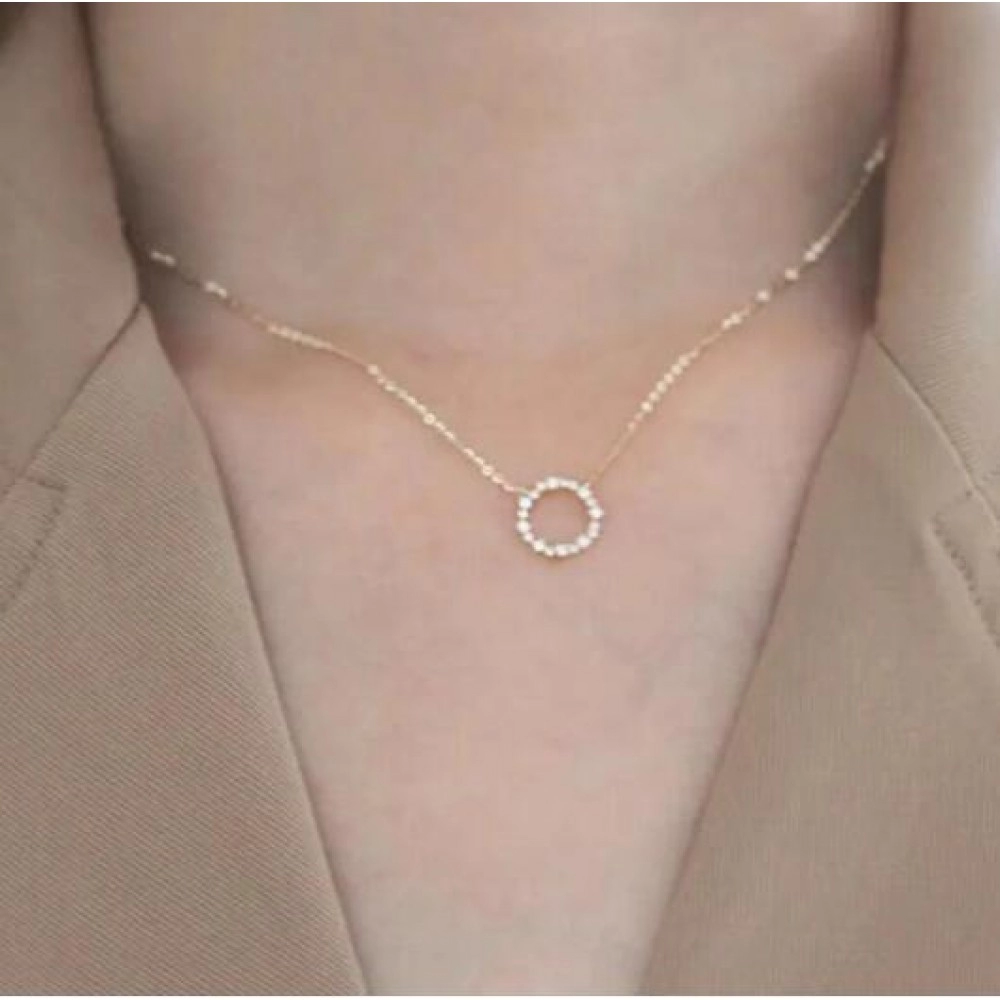 Jkeli -100% S925 Sterling Silver Plated 14K Gold Necklace with Full Diamond Circle Style Japanese and Korean K Gold Collar Chain