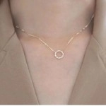 Jkeli -100% S925 Sterling Silver Plated 14K Gold Necklace with Full Diamond Circle Style Japanese and Korean K Gold Collar Chain