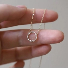 Jkeli -100% S925 Sterling Silver Plated 14K Gold Necklace with Full Diamond Circle Style Japanese and Korean K Gold Collar Chain