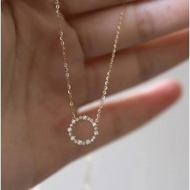 Jkeli -100% S925 Sterling Silver Plated 14K Gold Necklace with Full Diamond Circle Style Japanese and Korean K Gold Collar Chain