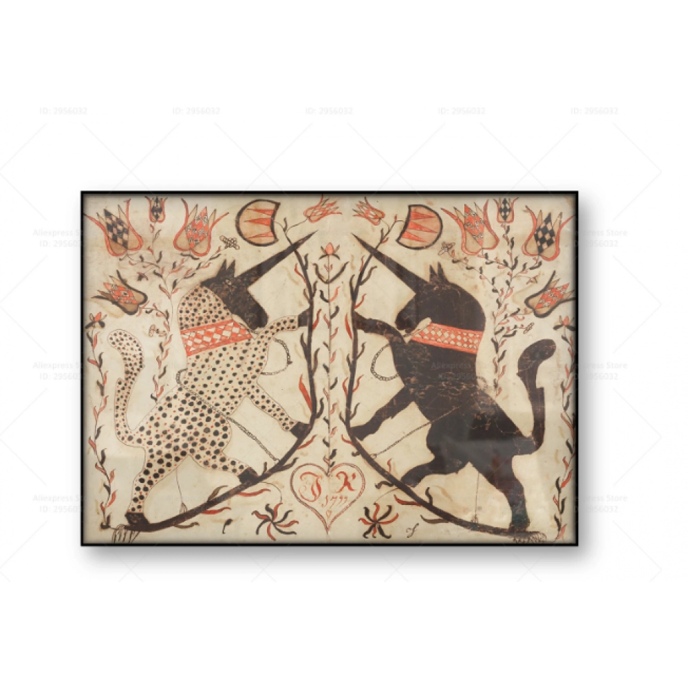 Antique Unicorn Wall Art Canvas Print Vintage Poster American Folk Art Fraktur Drawing Mythical Rare Painting Home Decor Gift