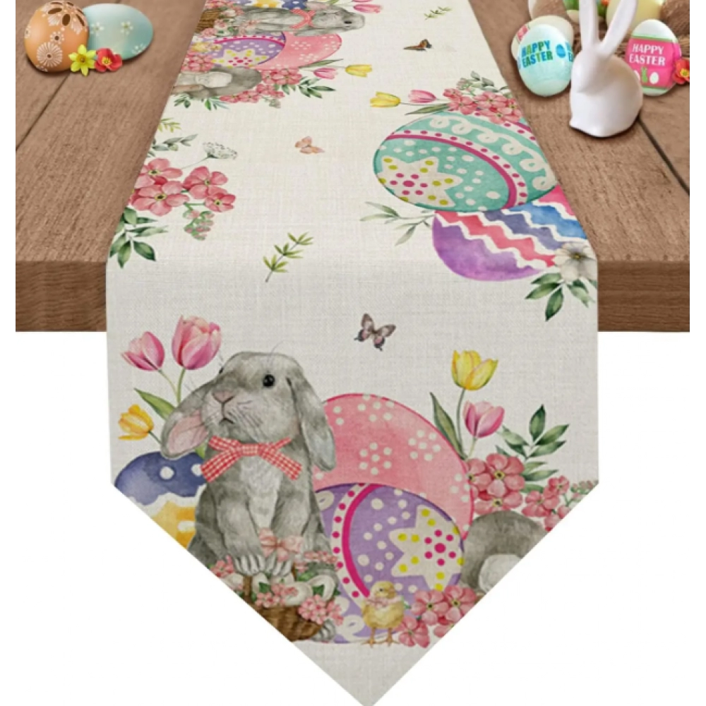 Bunny Eggs Flower Tulip Easter Linen Table Runners Dresser Scarf Table Decor Washable Kitchen Dining Coffee Table Runners Decor
