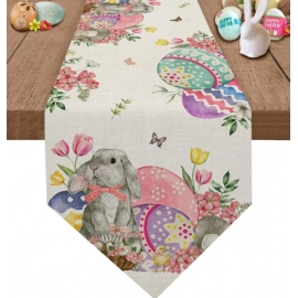 Bunny Eggs Flower Tulip Easter Linen Table Runners Dresser Scarf Table Decor Washable Kitchen Dining Coffee Table Runners Decor