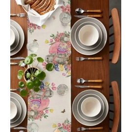 Bunny Eggs Flower Tulip Easter Linen Table Runners Dresser Scarf Table Decor Washable Kitchen Dining Coffee Table Runners Decor